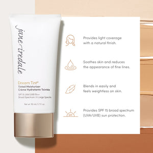 Dream Tine Tinted Moisturizer SPF 15 | Jane Iredale tube with text highlighting light coverage, natural finish, soothing skin, reducing fine lines, weightless feel, and SPF 15 broad spectrum sun protection.