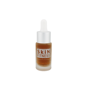Small amber glass dropper bottle of EGF Protein Complex | Skin Fitness Therapy serum with silver cap and white dropper top for skincare use.