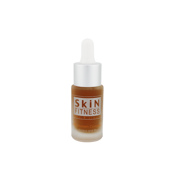 Small amber glass dropper bottle of EGF Protein Complex | Skin Fitness Therapy serum with silver cap and white dropper top for skincare use.