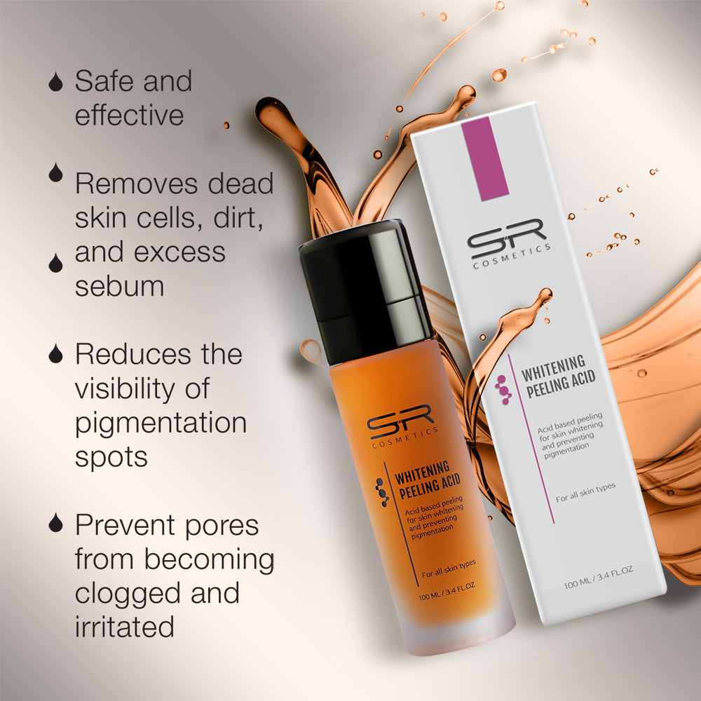 Bottle and packaging of Whitening Peeling Acid | SR Cosmetics, an acid-based peeling product for skin whitening and pigmentation prevention suitable for all skin types.