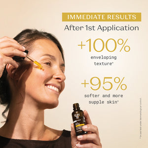 Woman applying serum to her cheek holding a brown bottle of Serum Omega | Yon-Ka Paris with text highlighting immediate skincare benefits after first use.