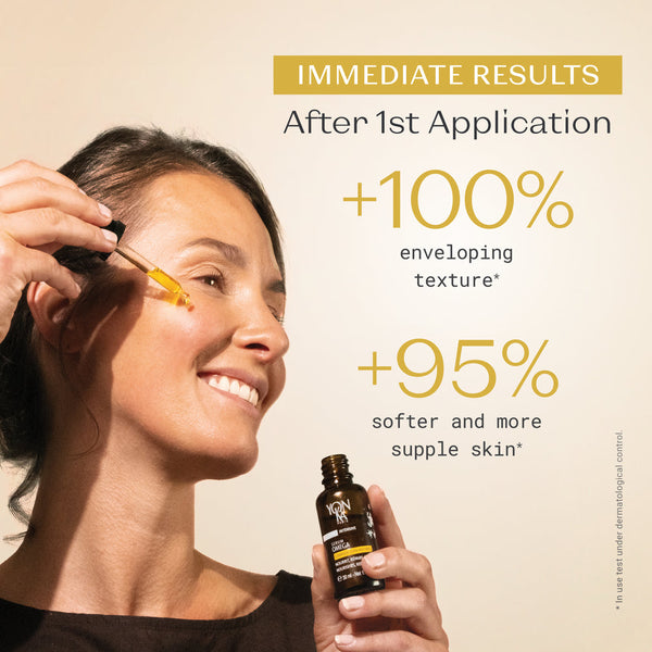 Woman applying serum to her cheek holding a brown bottle of Serum Omega | Yon-Ka Paris with text highlighting immediate skincare benefits after first use.