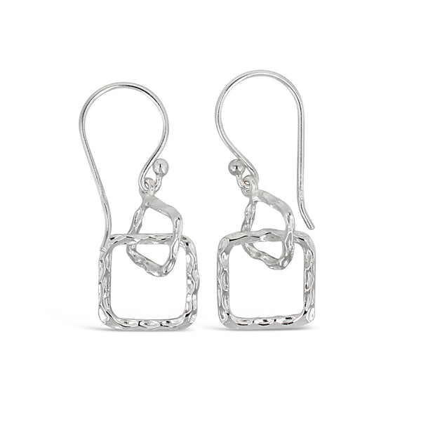 Pair of silver-tone metal drop earrings featuring a textured square and irregular open shapes, minimalist and modern design, Geometry Squares Earrings | Little Sparkles.