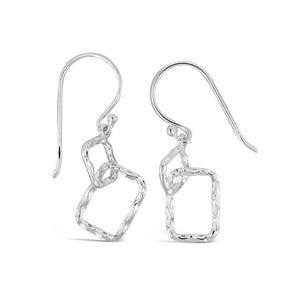 Minimalist silver dangle earrings featuring textured geometric rectangles, designed with hooks for an elegant and modern look, named Geometry Rectangles Earrings | Little Sparkles.