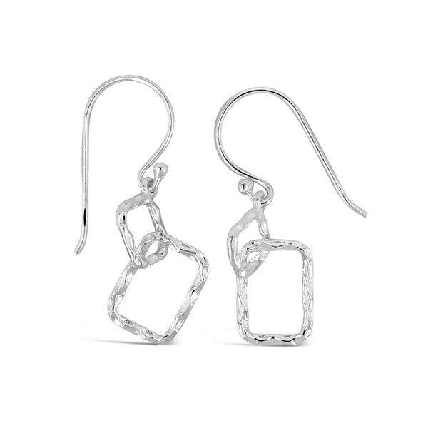 Minimalist silver dangle earrings featuring textured geometric rectangles, designed with hooks for an elegant and modern look, named Geometry Rectangles Earrings | Little Sparkles.