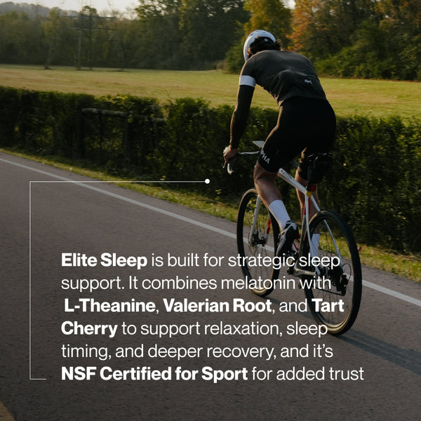 Elite Sleep wellness supplement shown over a cyclist riding outdoors with text about sleep support relaxation and recovery