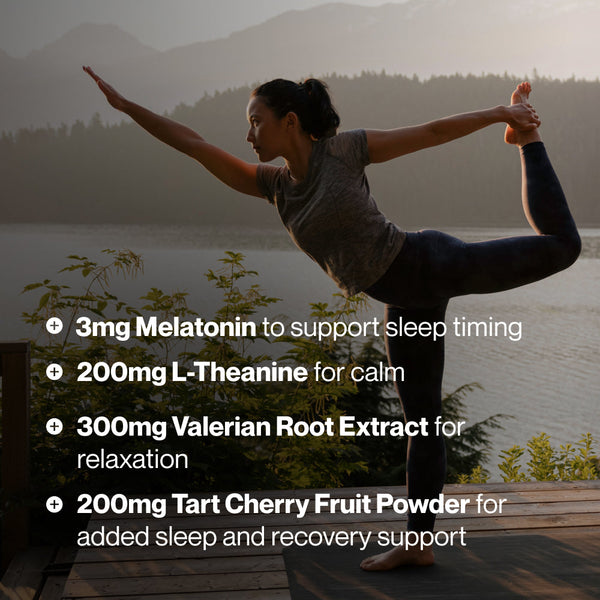 Elite Sleep wellness supplement graphic showing a woman practicing yoga by a mountain lake with melatonin L theanine valerian root and tart cherry for sleep support