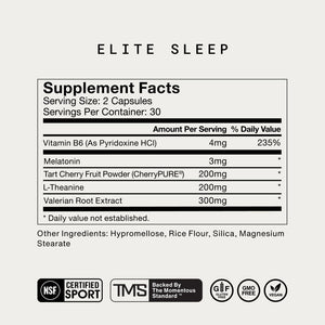 Supplement facts label for Elite Sleep showing serving size of 2 capsules with 30 servings per container, listing Vitamin B6, Melatonin, Tart Cherry Fruit Powder, L-Theanine, and Valerian Root Extract ingredients with certifications for sport, gluten-free, GMO-free, and vegan.