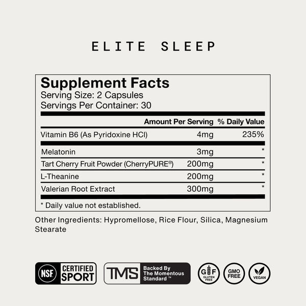 Supplement facts label for Elite Sleep showing serving size of 2 capsules with 30 servings per container, listing Vitamin B6, Melatonin, Tart Cherry Fruit Powder, L-Theanine, and Valerian Root Extract ingredients with certifications for sport, gluten-free, GMO-free, and vegan.