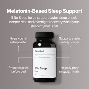 Elite Sleep melatonin based wellness supplement bottle with sleep support benefits including faster sleep onset restful sleep and circadian rhythm support