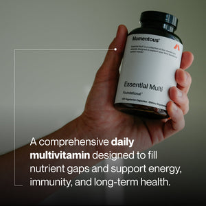 Hand holding a bottle of Multivitamin dietary supplement with text describing it as a daily multivitamin designed to support energy, immunity, and long-term health.