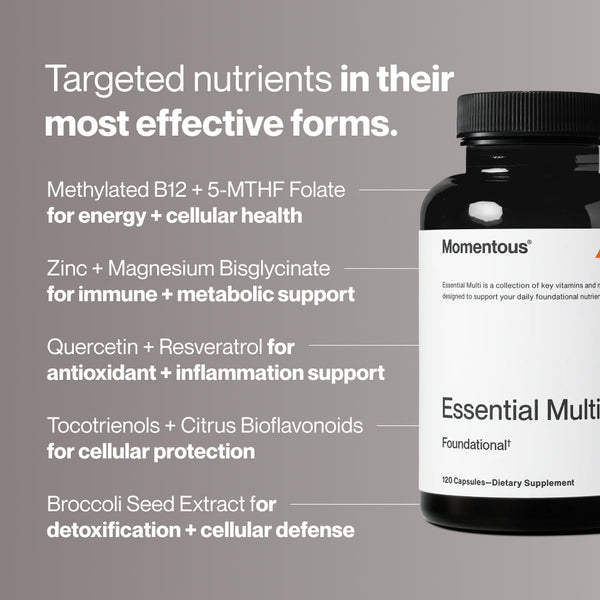 Bottle of Multivitamin dietary supplement showing key nutrients like methylated B12, zinc, and broccoli seed extract supporting energy, immune health, and cellular defense.