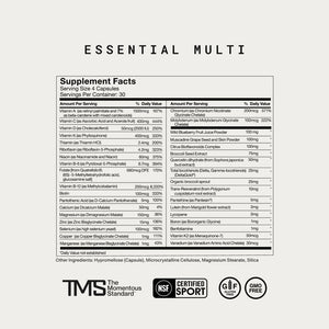 Supplement facts label for Multivitamin showing detailed vitamin and mineral content per serving along with other nutritional components and quality certifications.