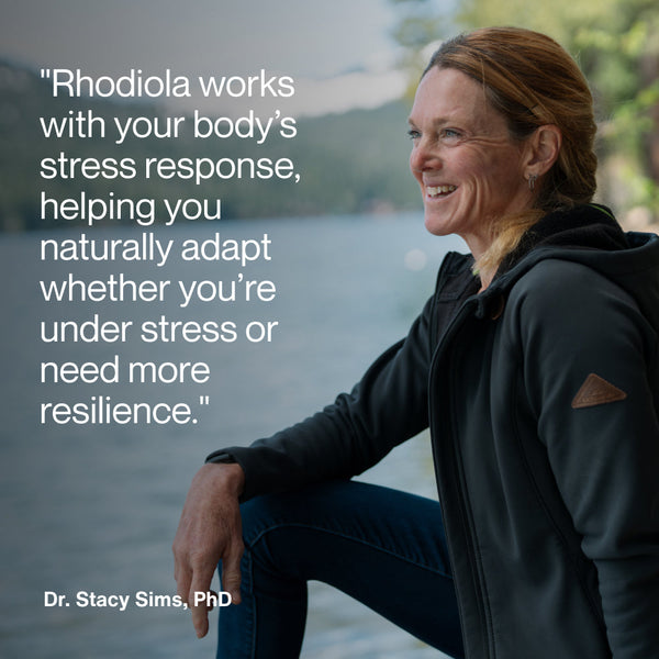 Rhodiola Rosea wellness supplement graphic with a woman by a lake and text about the body stress response, natural adaptation, stress, and resilience by Dr Stacy Sims PhD