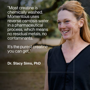 Smiling woman outdoors next to a testimonial quote about Creatine - 90 Servings highlighting purity and use of reverse osmosis water for no residual metals or contaminants by Dr. Stacy Sims, PhD.