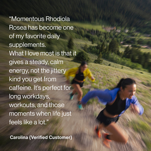 Rhodiola Rosea wellness supplement testimonial over an outdoor workout scene with two women exercising and a customer quote about calm steady energy