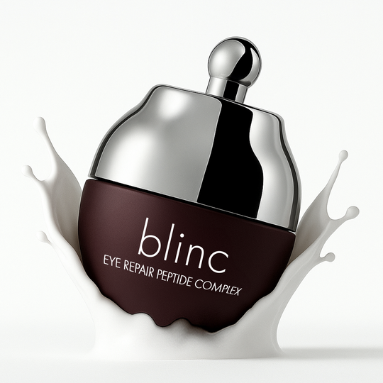 Eye Repair Peptide Complex | blinc in a dark container with a reflective silver cap splashing into white liquid, highlighting skincare and wellness supplements.