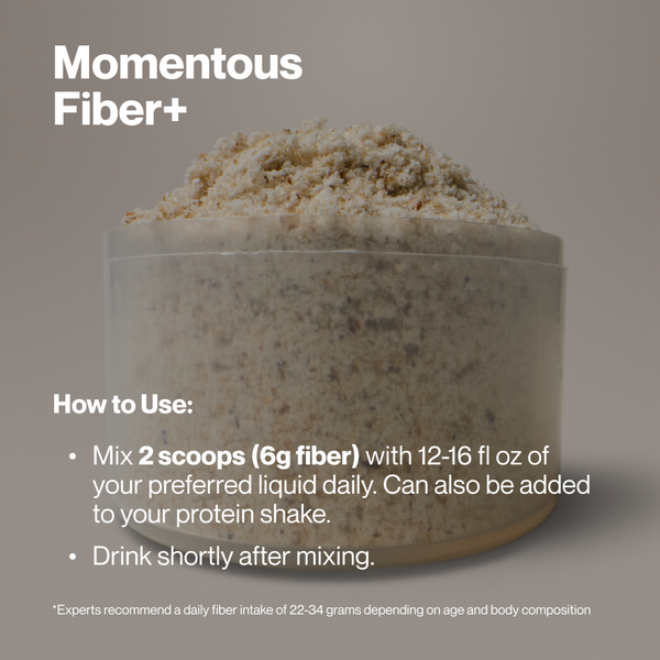 Close-up of a container filled with powdered Fiber+ supplement with instructions on mixing two scoops with 12-16 fluid ounces of liquid or adding to protein shakes for daily wellness support.