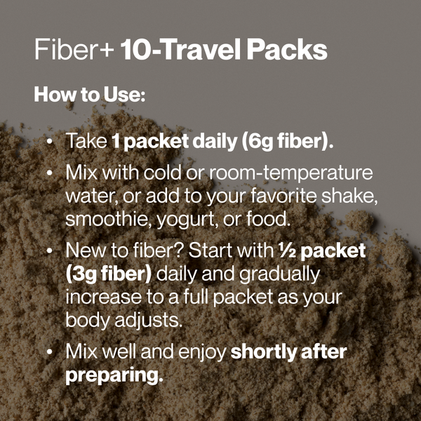 Fiber+ 10-Travel Packs usage guide showing daily fiber packet directions for mixing with water or food and gradually increasing intake as the body adjusts