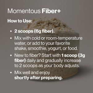 Fiber+ wellness supplement powder in a bowl with usage instructions for mixing two scoops into water shakes smoothies yogurt or food