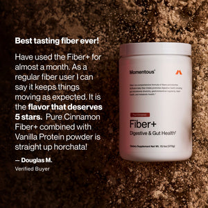 Container of Fiber+ digestive and gut health supplement in pure cinnamon flavor placed on a surface sprinkled with cinnamon powder, accompanied by a customer testimonial praising its taste and effectiveness.