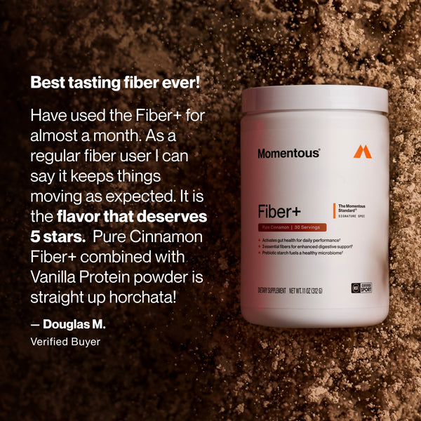 Fiber+ wellness supplement container on a textured brown background beside a testimonial praising its cinnamon and vanilla flavor and digestive support
