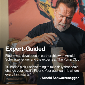 Fiber+ 10-Travel Packs expert-guided wellness message featuring Arnold Schwarzenegger and a testimonial about daily gut health from The Pump Club