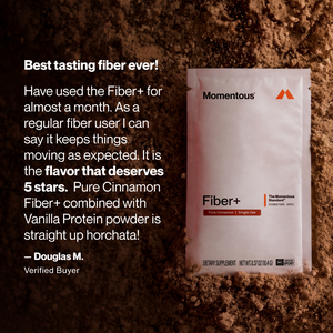 Fiber+ 10-Travel Packs fiber supplement pouch displayed on cinnamon powder with a testimonial praising its flavor and digestive wellness benefits.