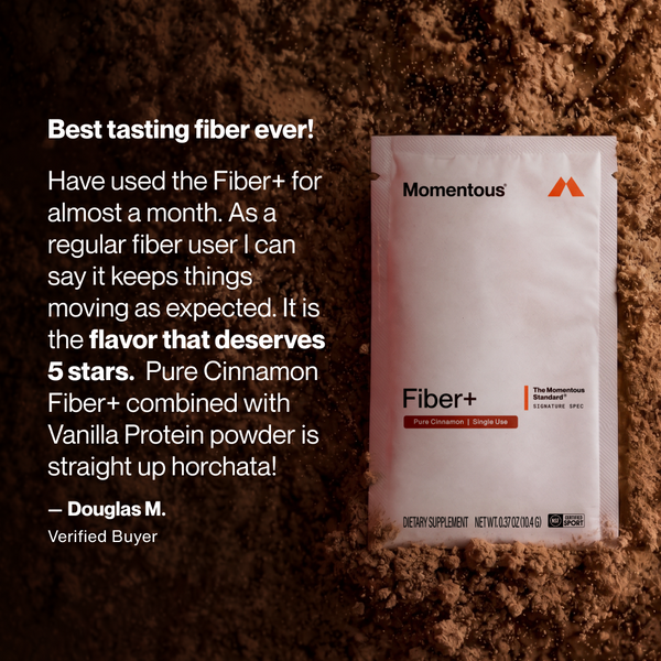 Fiber+ 10-Travel Packs fiber supplement pouch displayed on cinnamon powder with a testimonial praising its flavor and digestive wellness benefits.