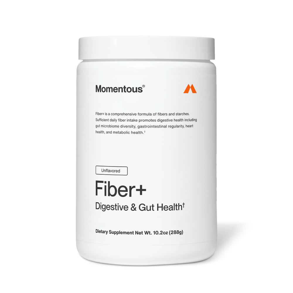 Container of Fiber+ dietary supplement in pure cinnamon flavor by Momentous, promoting digestive and gut health with a comprehensive fiber and starch formula.