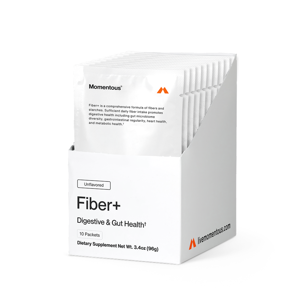 Box of Fiber+ 10-Travel Packs dietary supplements in pure cinnamon flavor, designed to support digestive and gut health with a white and orange minimalist packaging.