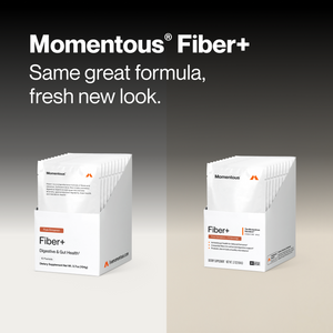 Fiber+ 10-Travel Packs packaging displayed in two box designs with Momentous Fiber+ branding and the message Same great formula fresh new look