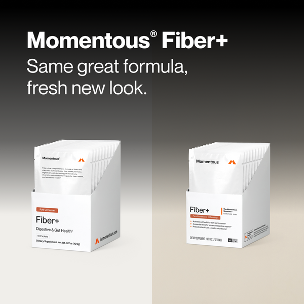 Fiber+ 10-Travel Packs packaging displayed in two box designs with Momentous Fiber+ branding and the message Same great formula fresh new look