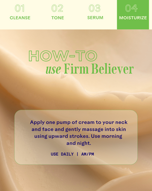 Close-up of a creamy texture with instructions on how to use Firm Believer Goji Stem Cell + Pomegranate Smoothing Neck + Face Cream | Three Ships, applying one pump to neck and face with upward strokes, morning and night.