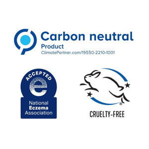 Logos representing the Laundry Detergent Sheets | Force of Nature as a carbon neutral product, accepted by the National Eczema Association, and certified cruelty-free.