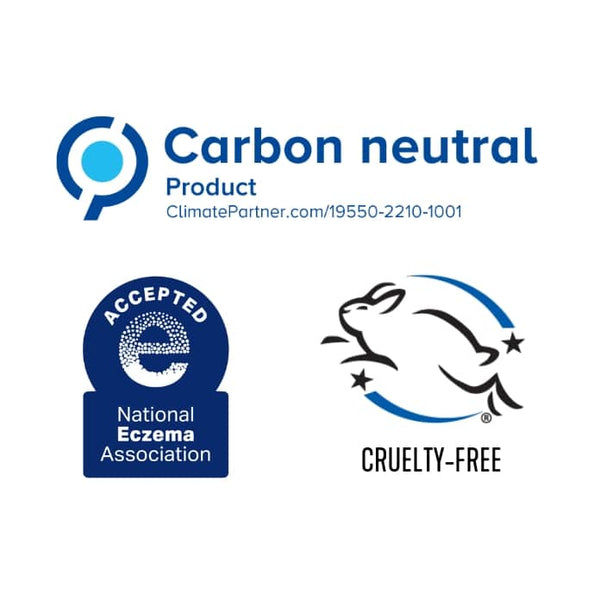 Logos representing the Laundry Detergent Sheets | Force of Nature as a carbon neutral product, accepted by the National Eczema Association, and certified cruelty-free.