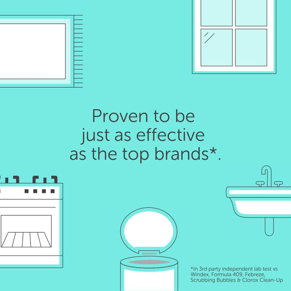 Illustration of a clean kitchen with a stove, sink, and open trash can, featuring text that reads "Proven to be just as effective as the top brands" promoting the 12oz Glass Bottle Cleaning Starter Kit | Force of Nature.