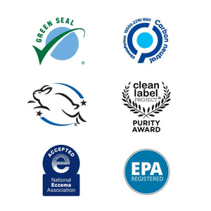 Certification logos including Green Seal, Carbon Neutral, Leaping Bunny cruelty-free, Clean Label Project Purity Award, National Eczema Association accepted, and EPA Registered for the 12oz Glass Bottle Cleaning Starter Kit | Force of Nature.
