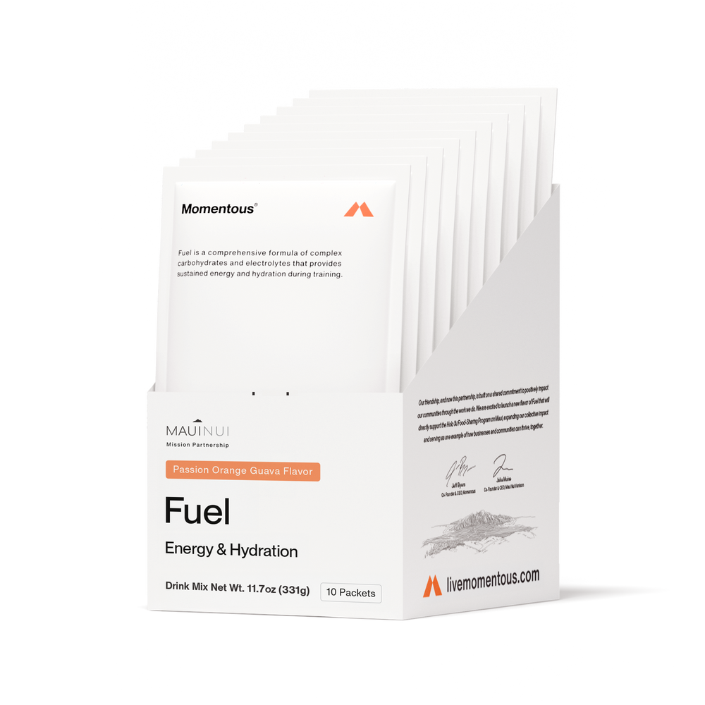 Box of Fuel 10-Travel Packs featuring Passion Orange Guava Flavor drink mix packets for energy and hydration, designed for sustained training support in wellness supplements.