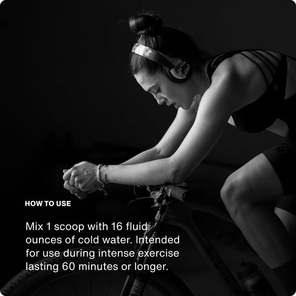 Fuel wellness supplement usage graphic showing a woman cycling indoors with instructions to mix one scoop with 16 fluid ounces of cold water for intense exercise