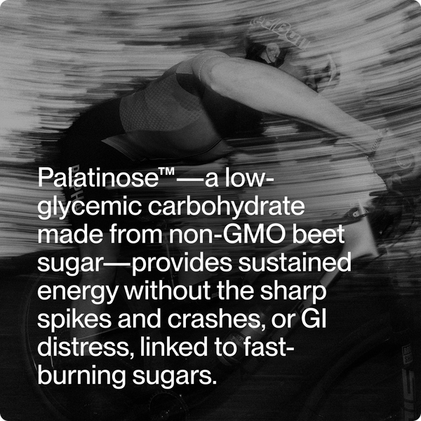 Fuel promotional graphic showing a cyclist in motion with text about low glycemic carbohydrate and sustained energy without sharp spikes or crashes