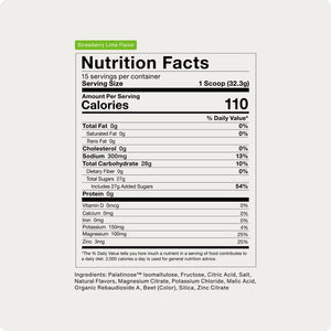 Nutrition facts label for Fuel wellness supplement in strawberry lime flavor showing 110 calories per serving, 28 grams carbohydrates including 27 grams added sugars, sodium, potassium, magnesium, zinc, and ingredient details.