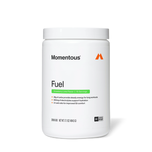Momentous Fuel strawberry lime flavor powder container for wellness supplements, supporting hydration and energy for long workouts with 15 servings.
