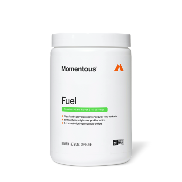 Momentous Fuel strawberry lime flavor powder container for wellness supplements, supporting hydration and energy for long workouts with 15 servings.