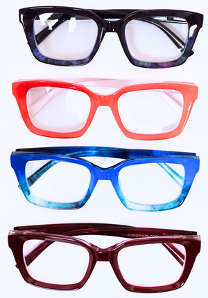 Four pairs of Chic Trendy Reading Glasses | Love You More in black, red, blue, and maroon colors arranged vertically on a white background.