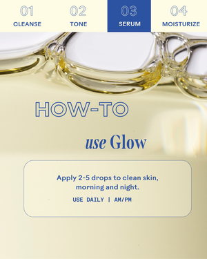 Close-up of clear liquid serum with text instructions on how to use Glow 49% Jojoba Oil Serum | Three Ships, advising to apply 2-5 drops to clean skin morning and night as part of a skincare routine.