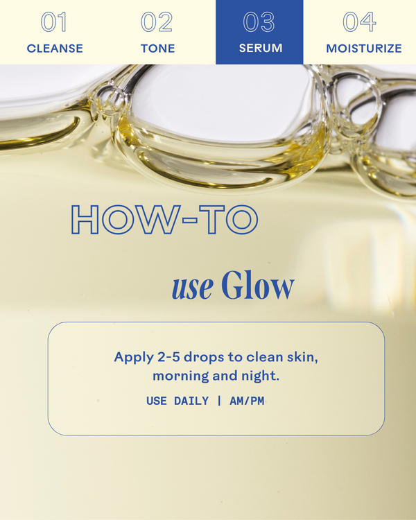 Close-up of clear liquid serum with text instructions on how to use Glow 49% Jojoba Oil Serum | Three Ships, advising to apply 2-5 drops to clean skin morning and night as part of a skincare routine.