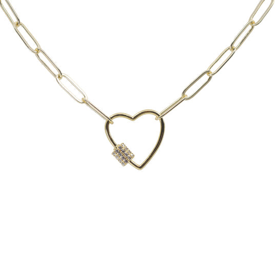 Heart Link Gold Paperclip Chain Necklace (18" / White Crystal Studded) | Love You More