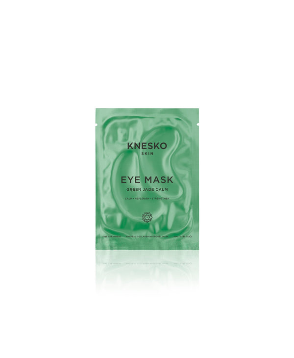 Single-use Green Jade Eye Mask | KNESKO in a sleek green sachet designed for calming and revitalizing delicate skin around the eyes with soothing skincare benefits.