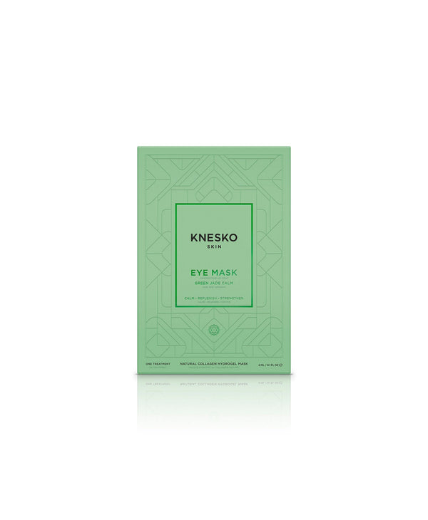 Green Jade Eye Mask | KNESKO packaging in soft green, promoting skincare and wellness with a natural collagen hydrogel formulation for refreshing eye care ritual.